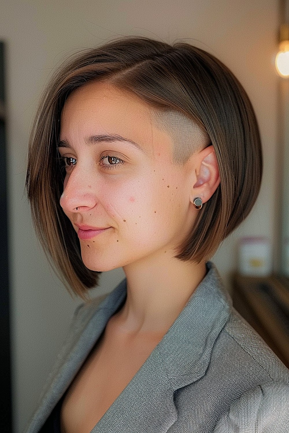 Woman with a straight bob haircut featuring an undercut