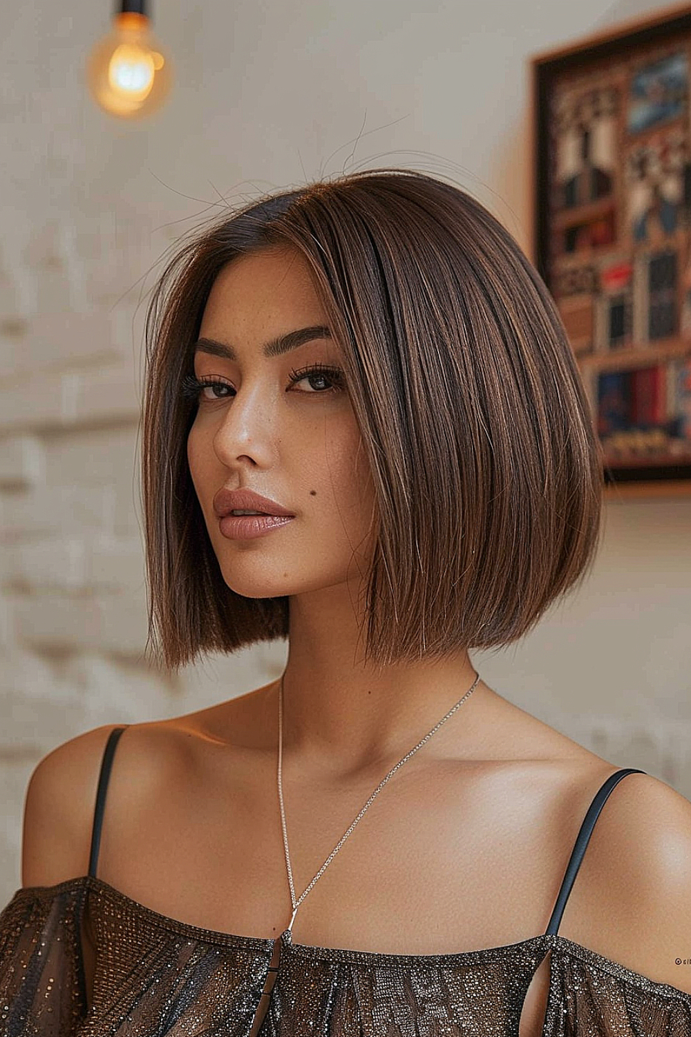 A woman with a sleek, straight bob in a rich chocolate color