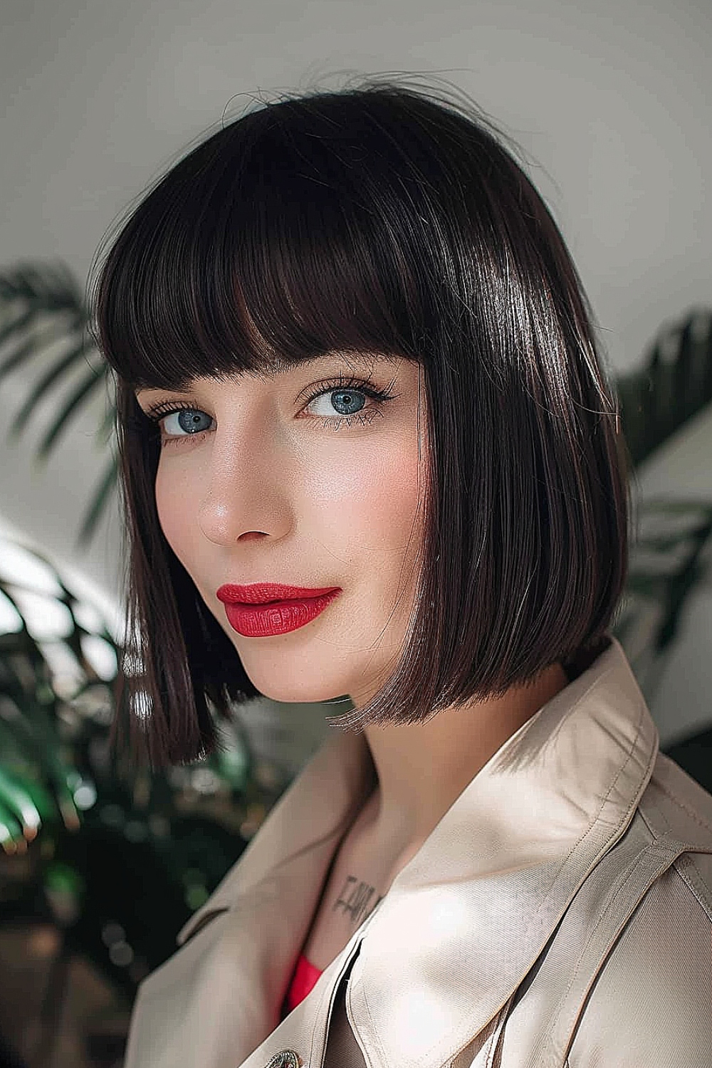 Straight bob haircut with blunt bangs