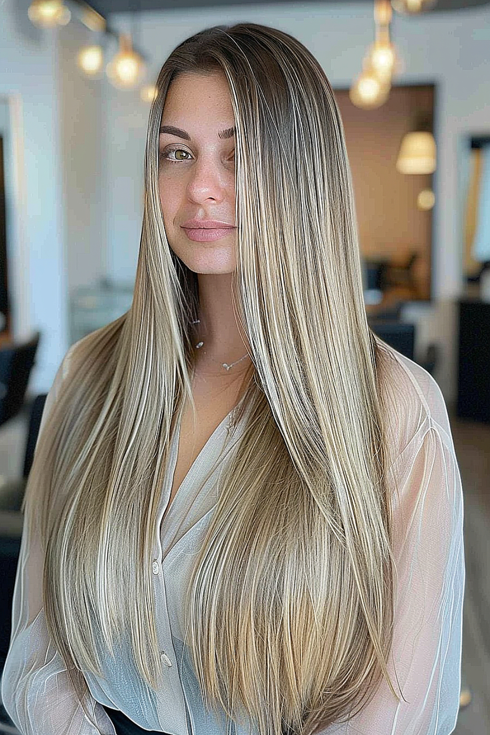 Long straight hair with a soft balayage blending from darker roots to lighter ends