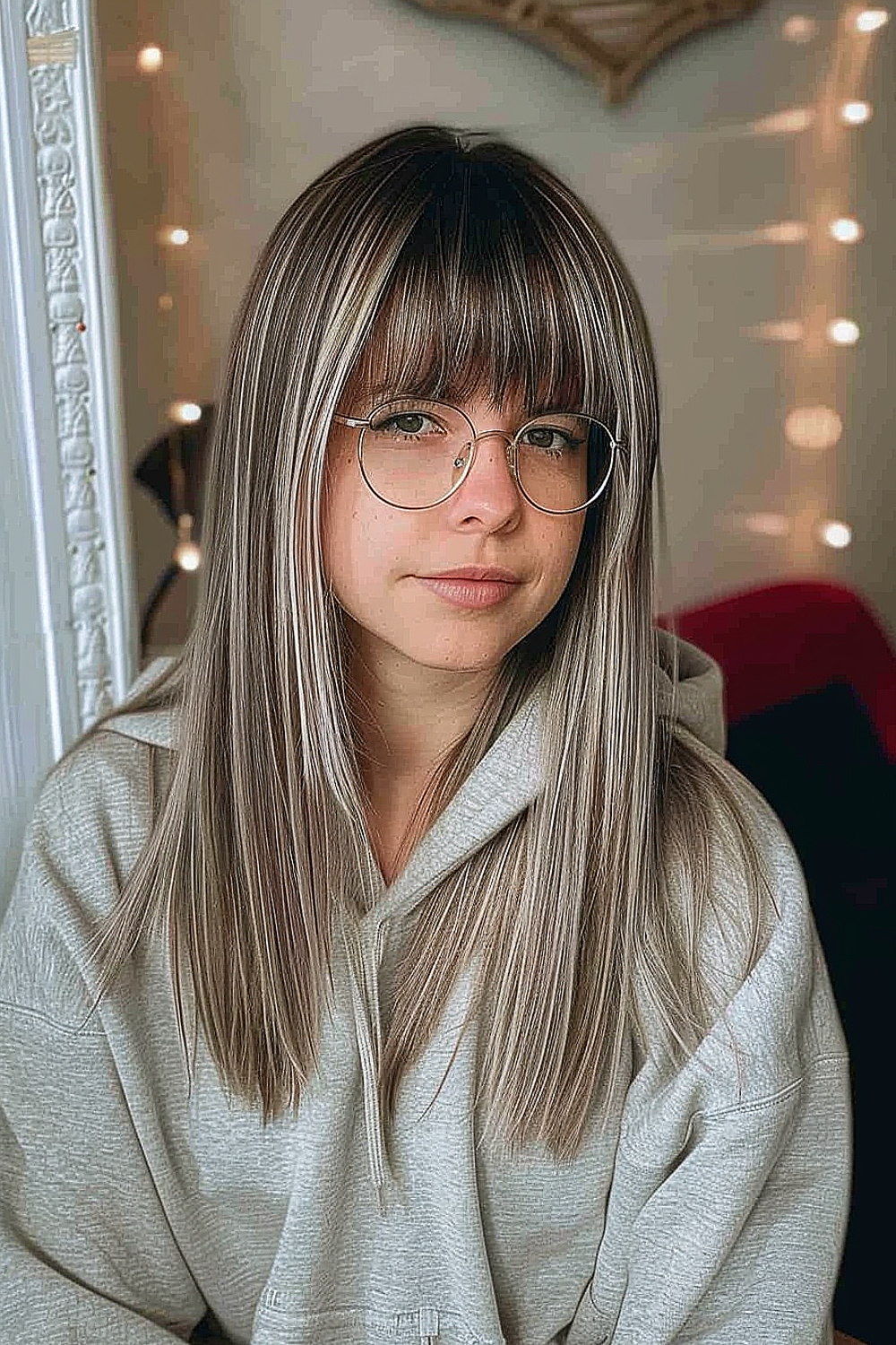 Straight long hair with bangs and subtle highlights, paired with glasses