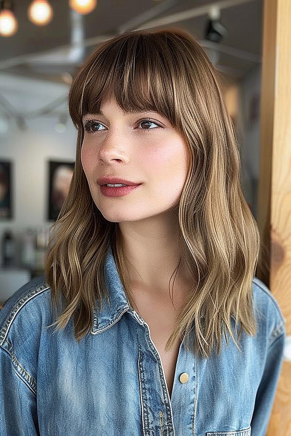 Soft wavy lob with feathered bangs for an oval face