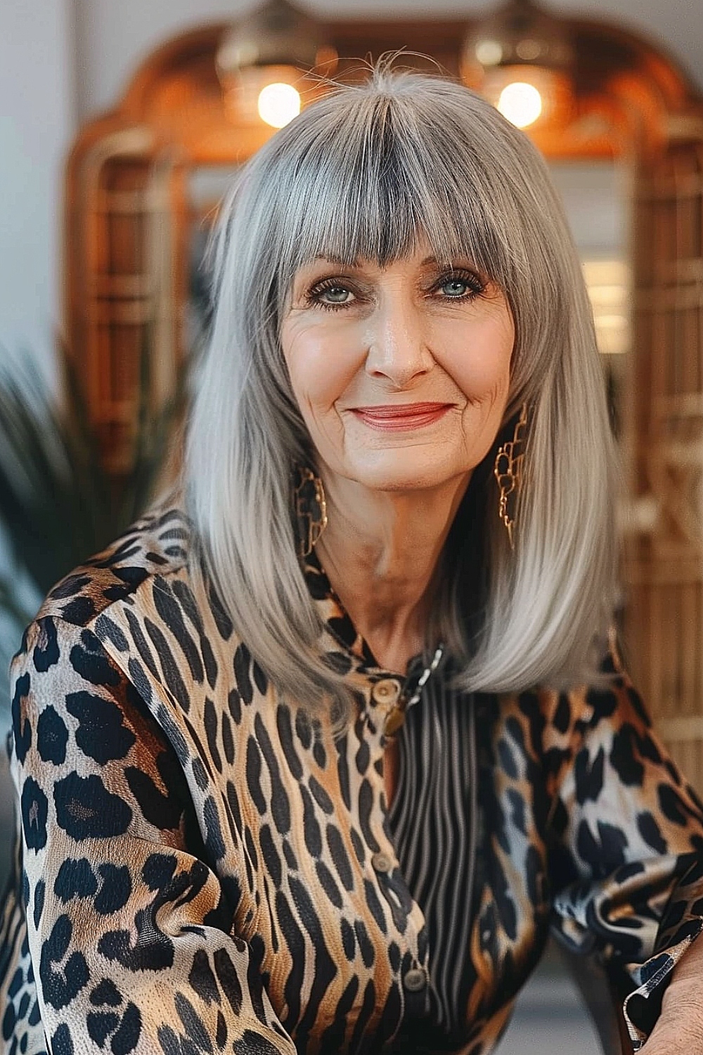 Shoulder-length gray hair with wispy bangs for older women