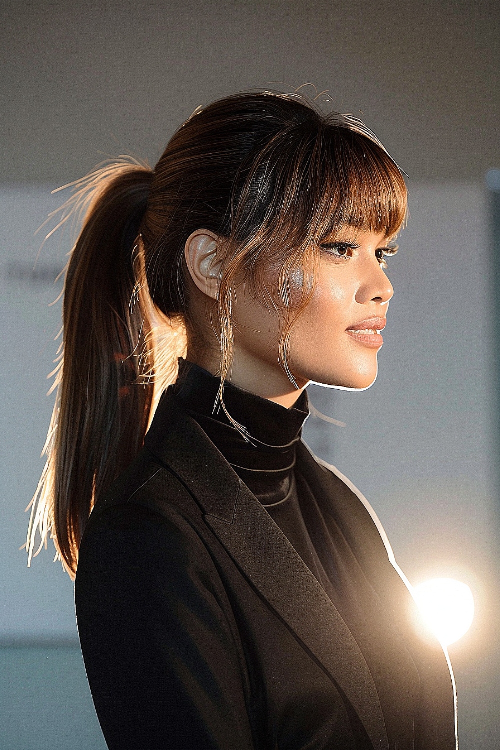 Sleek ponytail with wispy bangs on straight hair