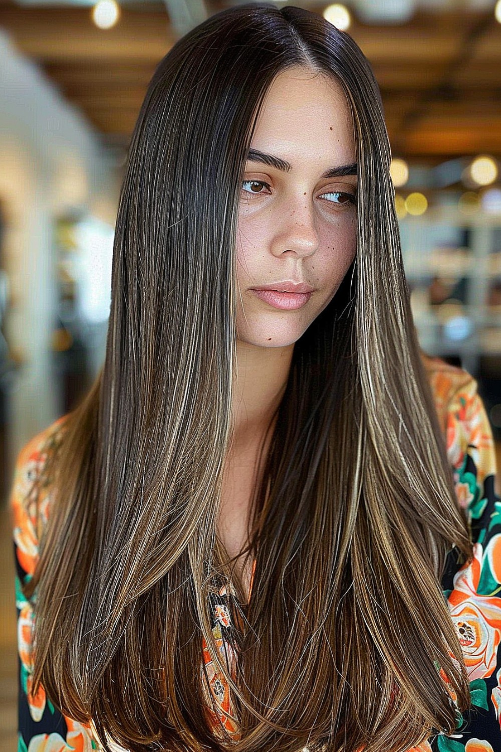 Woman with long, sleek, straight hair with layers and subtle highlights