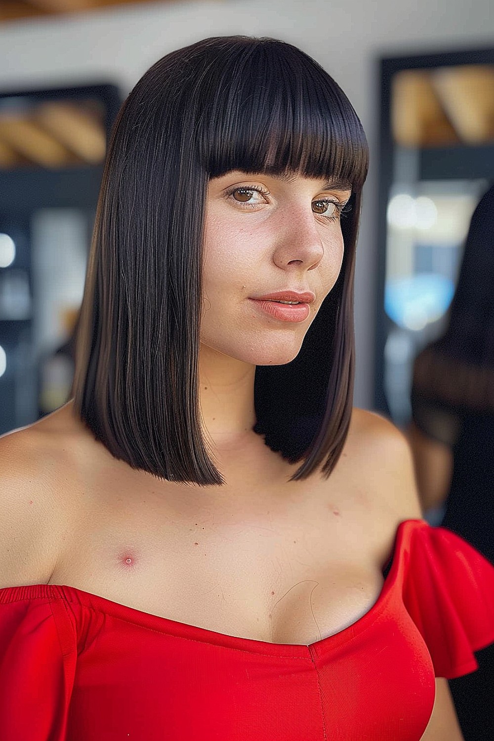 Woman with a straight lob haircut featuring blunt bangs