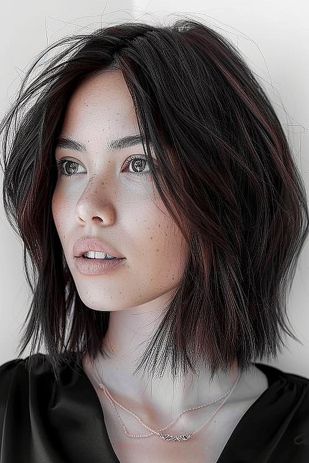 A woman with a straight lob haircut featuring razor-cut ends for a textured look