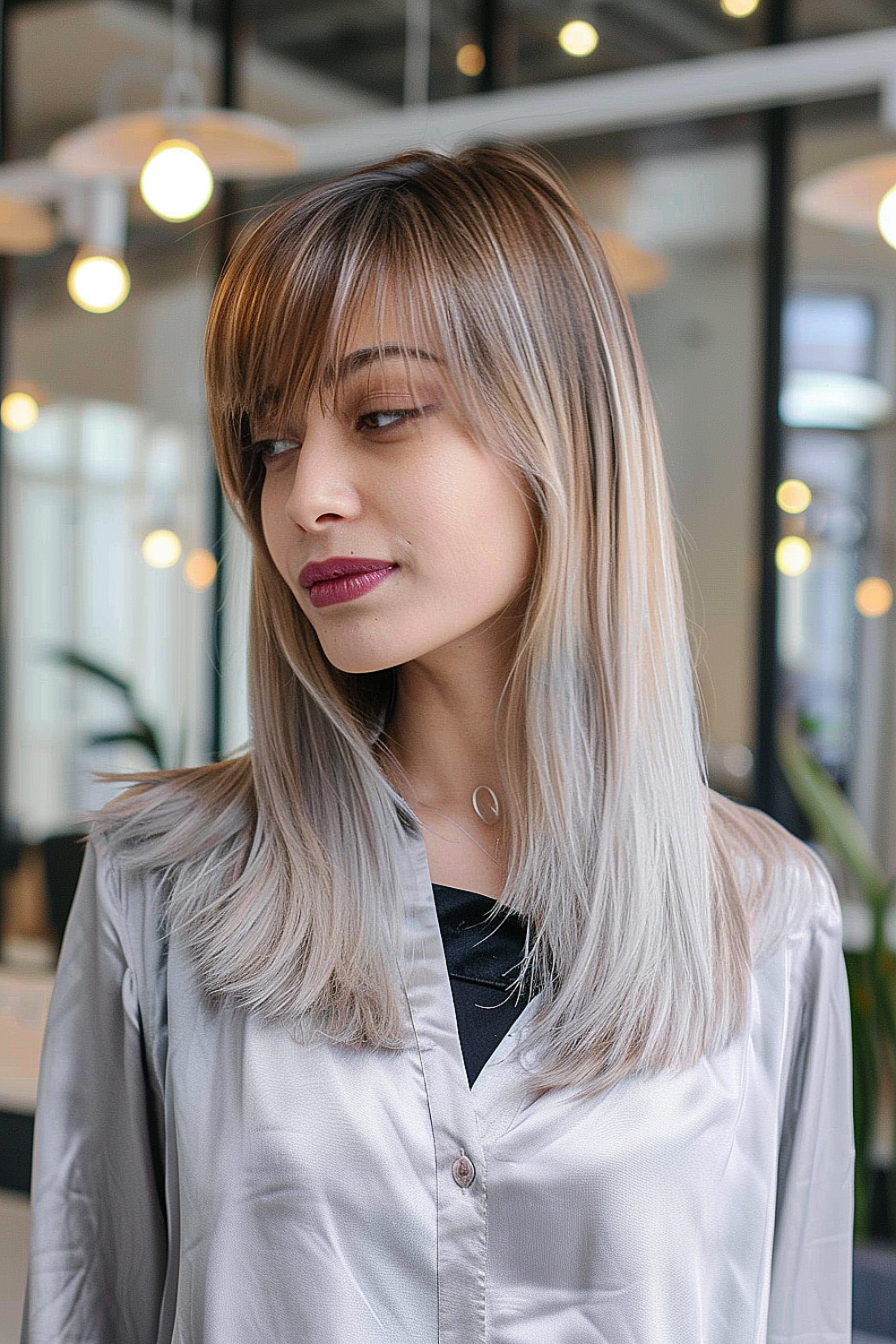 Straight medium length hairstyle with side bangs