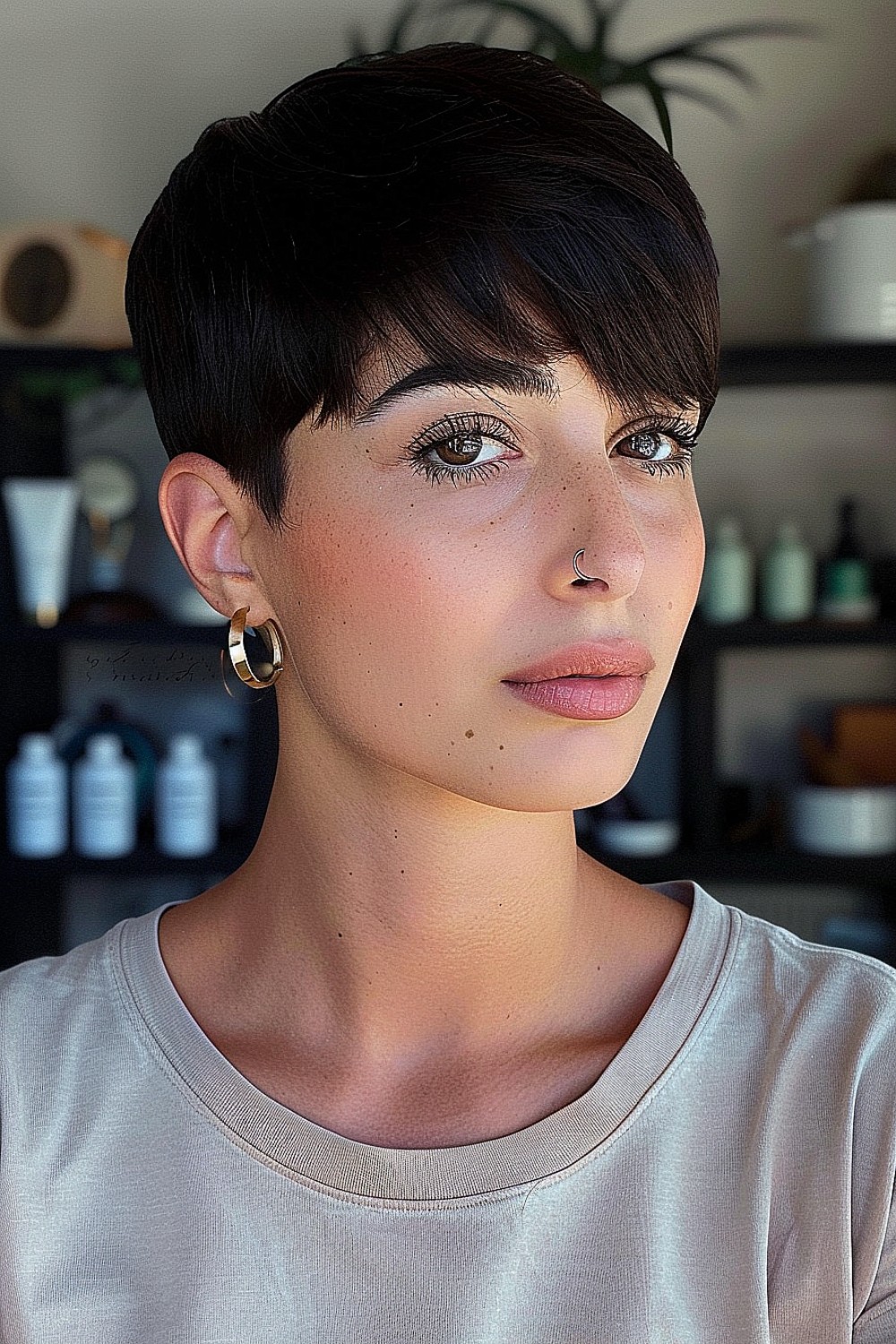 Woman with a sleek straight pixie cut and side-swept bangs