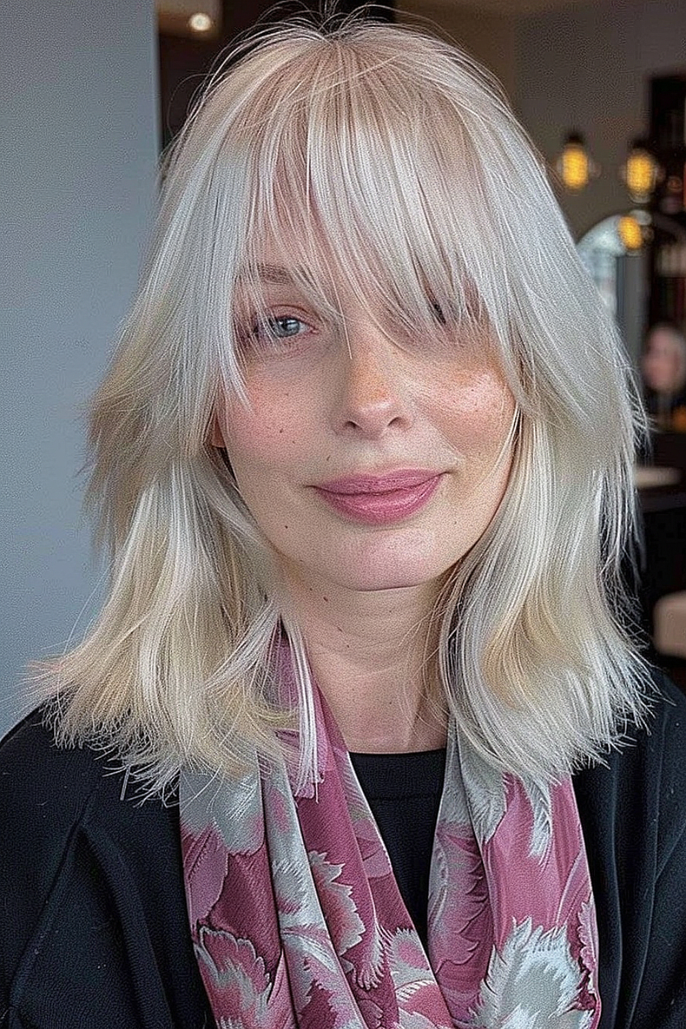 Woman with straight, shoulder-length icy blonde hair and feathered bangs.