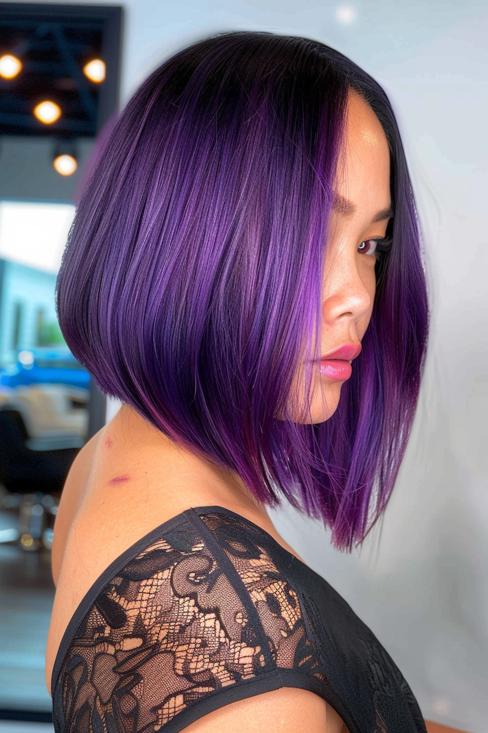 Straight stacked bob with purple balayage