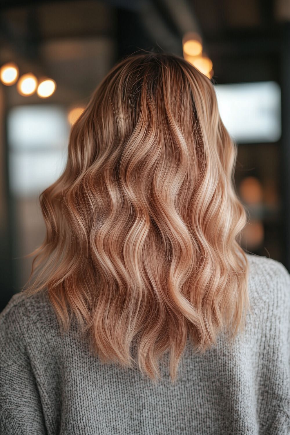 Strawberry blonde balayage on wavy hair