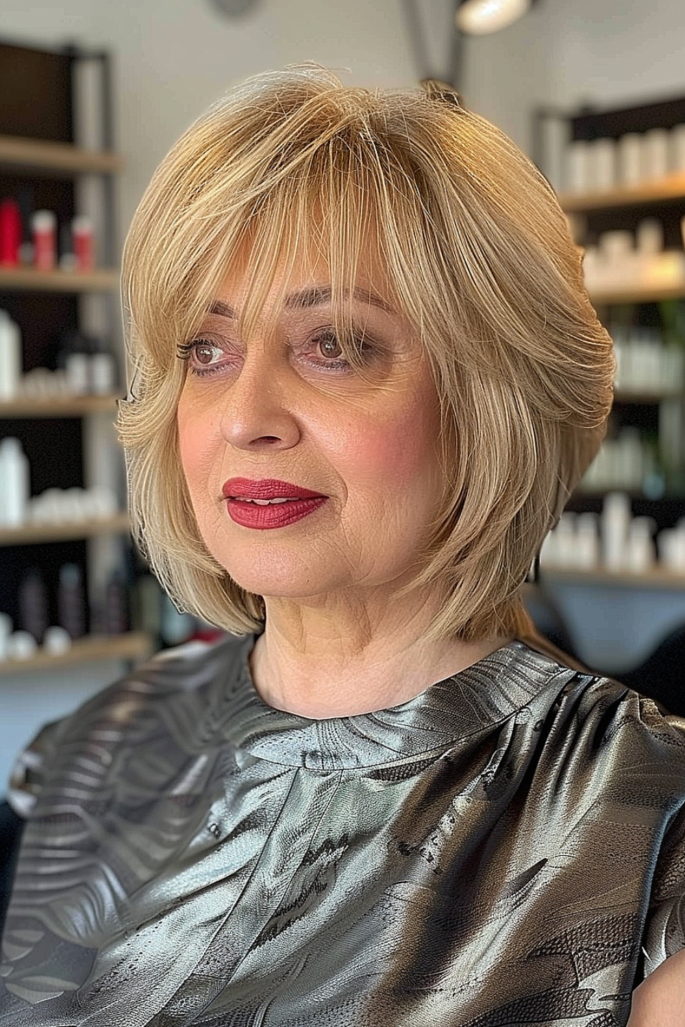 Blonde woman with a structured bob and feathered bangs