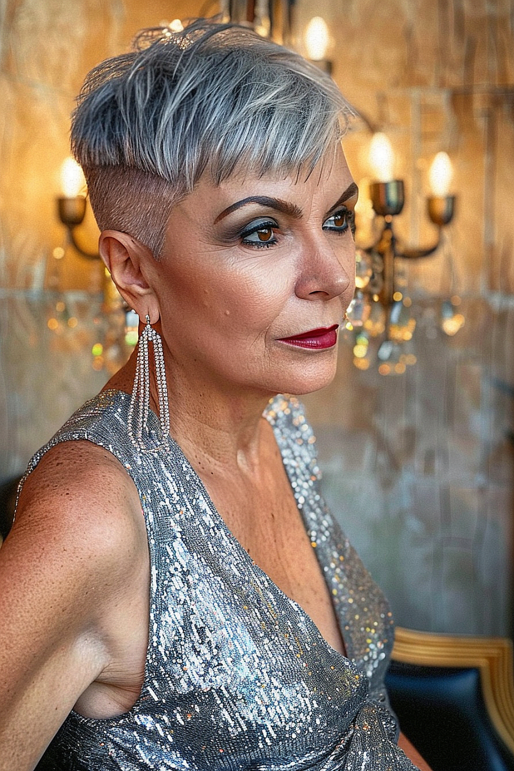 Stylish pixie cut with metallic silver hair and an undercut on a woman over 50