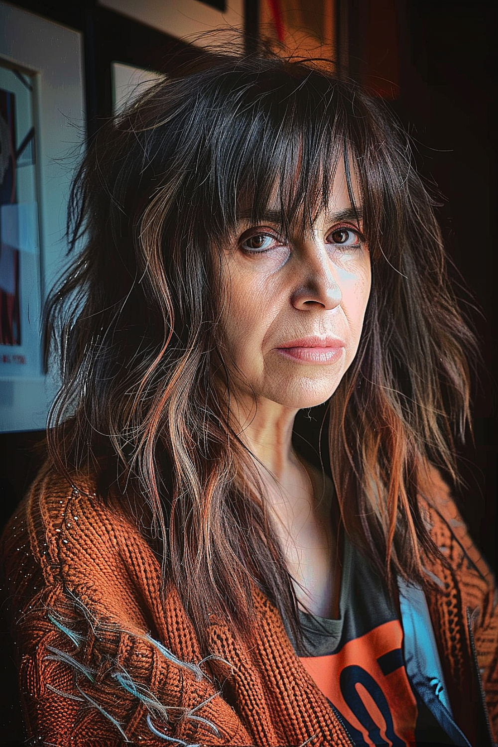 Woman with a shag haircut and intense copper highlights, featuring textured layers and wispy bangs