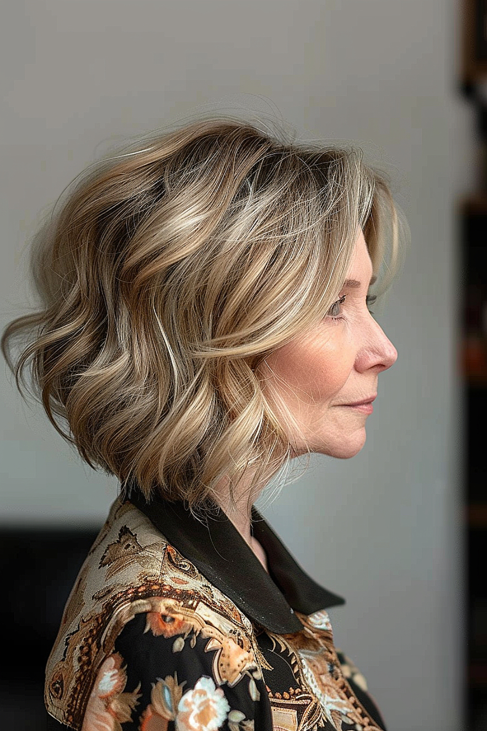 Profile view of a woman with a subtle A-line cut and beach blonde waves