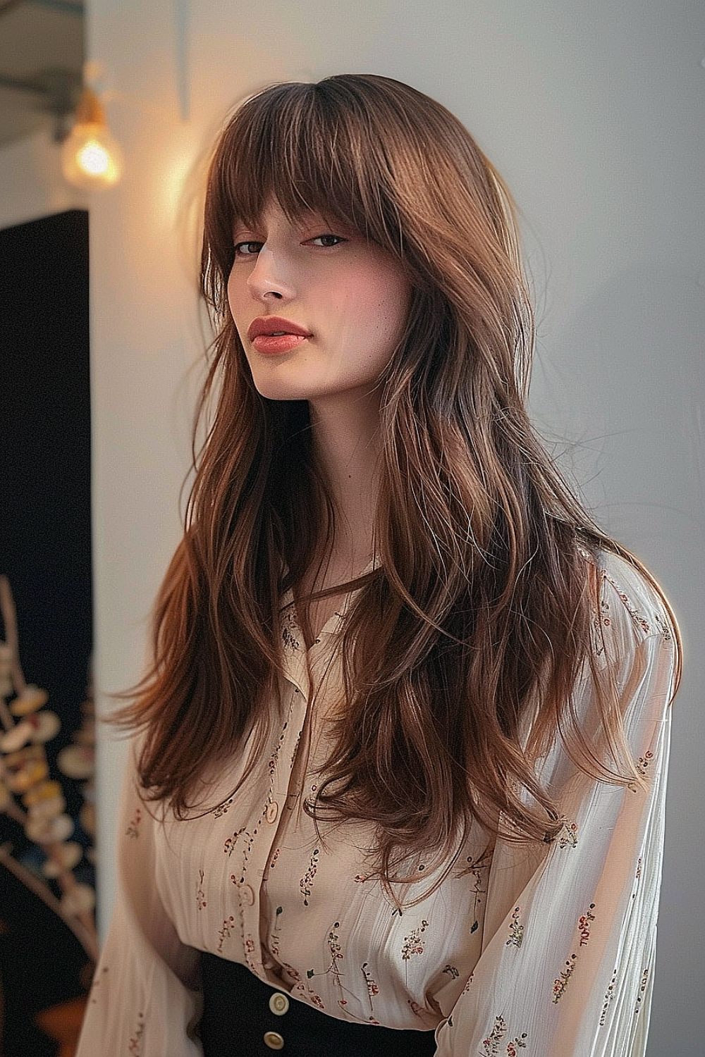 Long hair with a subtle shag cut and soft face-framing bangs