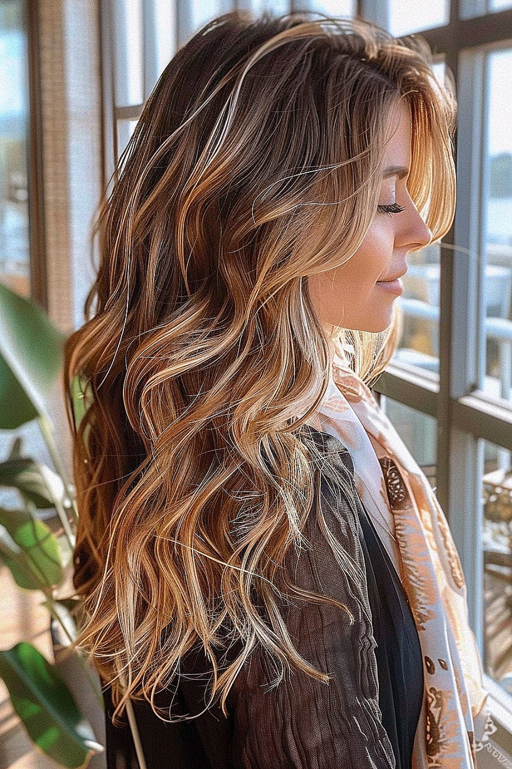 Long hair with sun-drenched beach waves and warm highlights