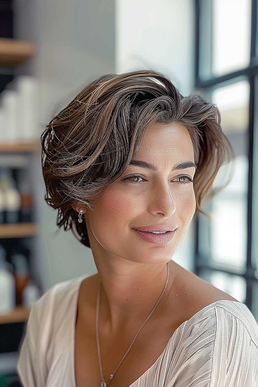 Woman with a sun-kissed bixie haircut and soft highlights