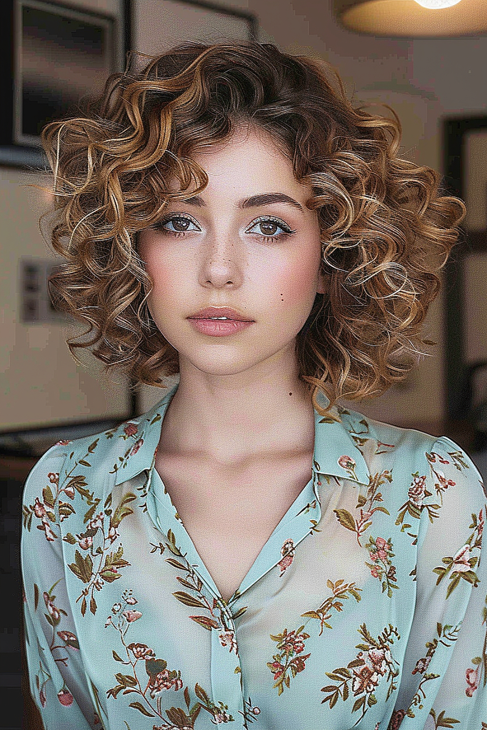 A woman with a voluminous curly bob enhanced with honey highlights