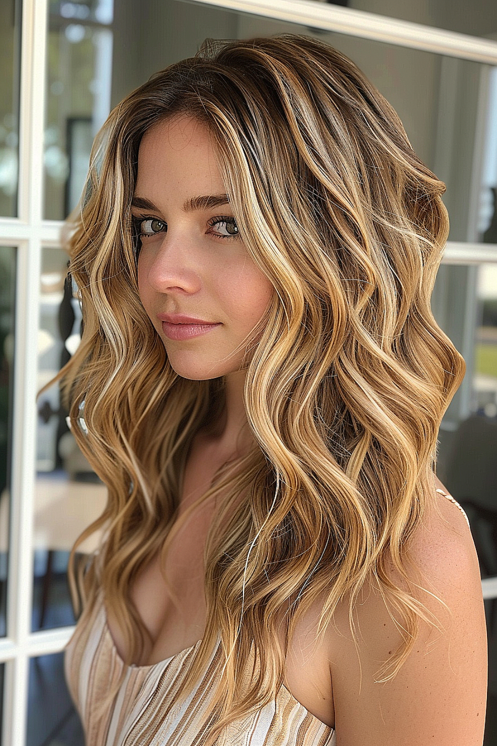 A woman with long layered hair and a sun-kissed honey balayage