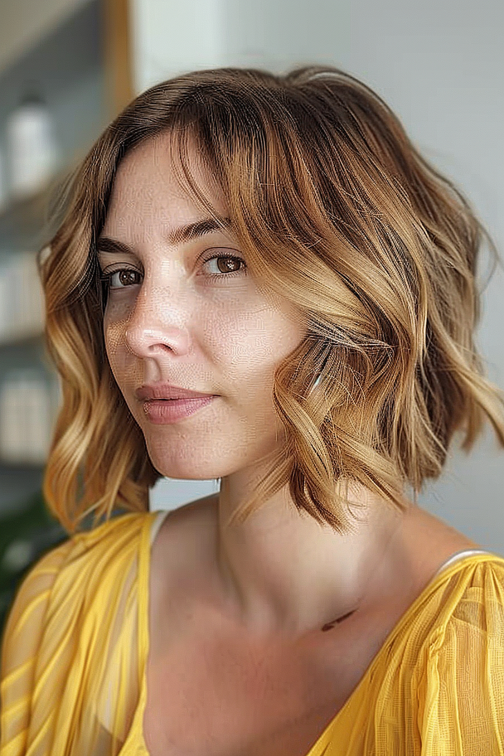 Woman with a layered bob featuring sun-kissed waves and blonde highlights.