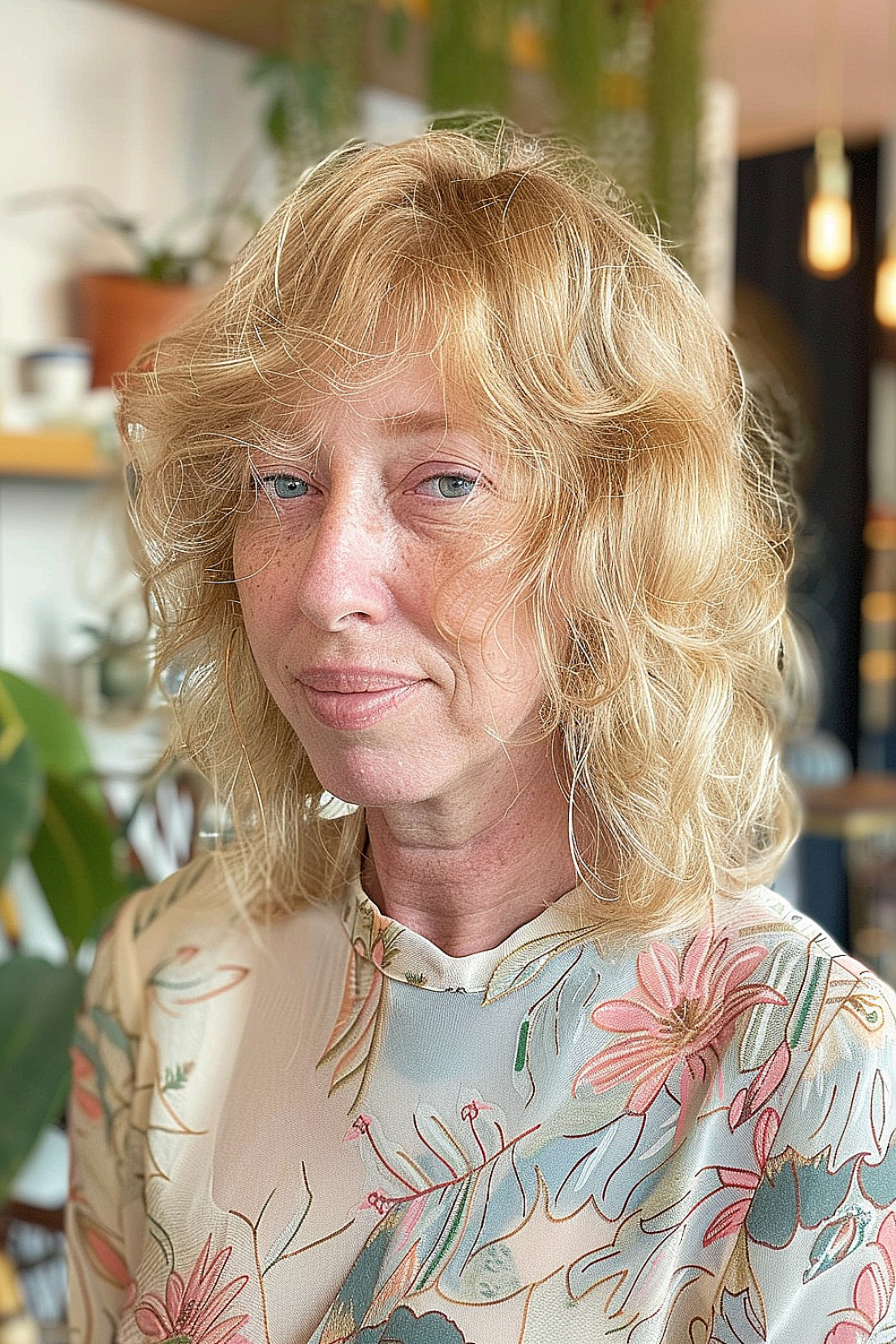 Woman with a sun-kissed lob featuring soft layers and honey blonde hues