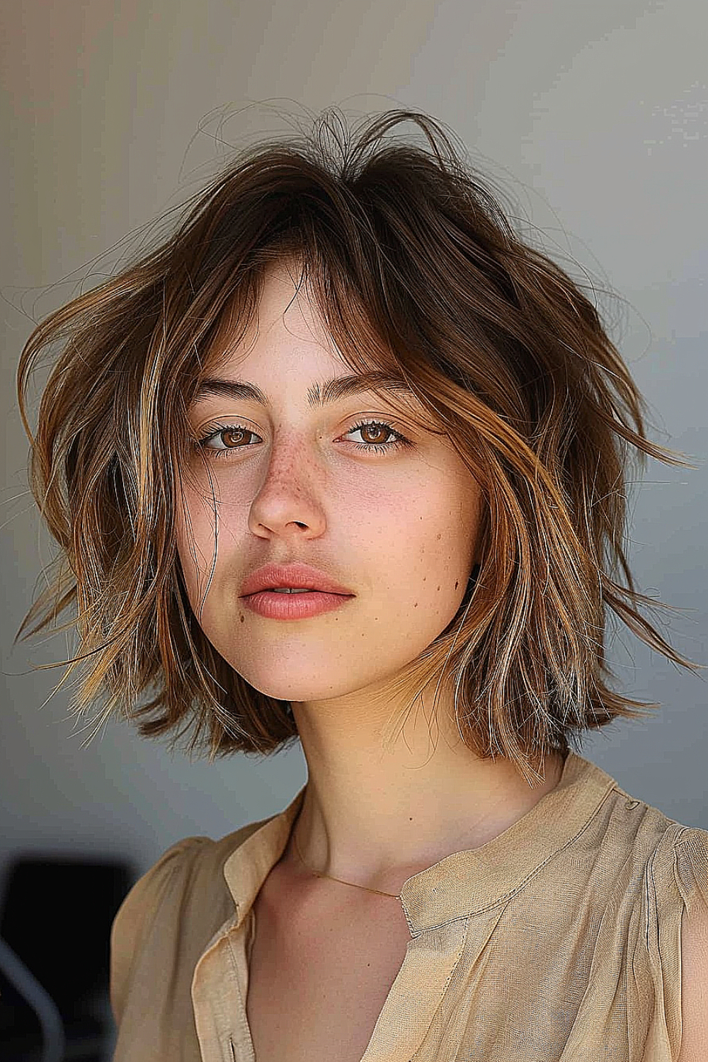 Woman with a sun-kissed shaggy bob featuring face-framing highlights