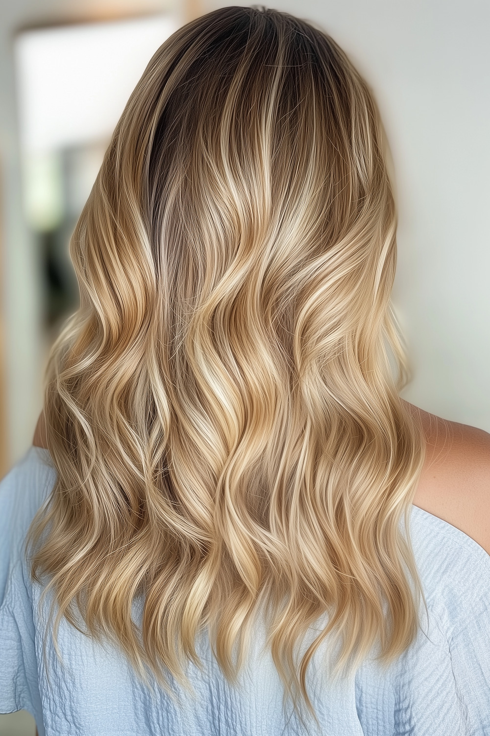 Sunlit blonde balayage on long waves