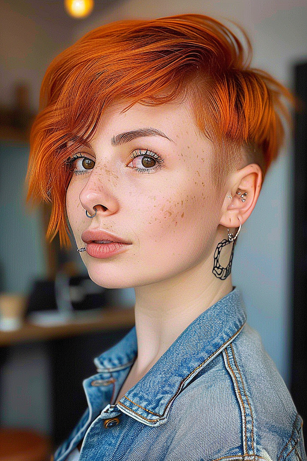 Sunset orange layered pixie with tapered sides