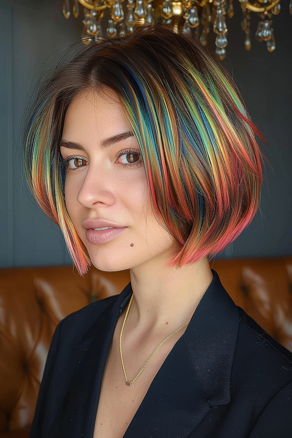 A woman with a bob haircut featuring a blend of sunset-inspired spectrum colors