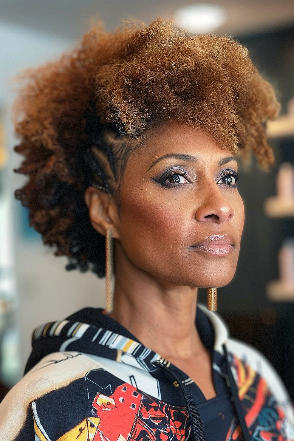 Tapered afro with sculpted bangs for women over 40