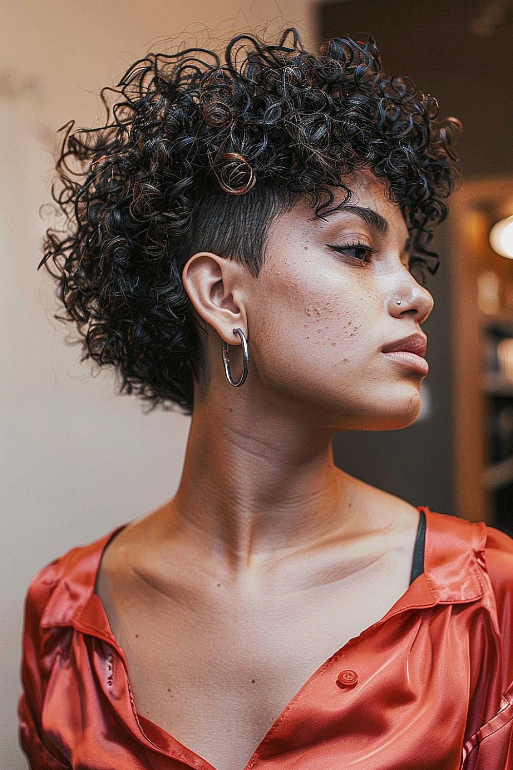 Woman with a tapered curly crop hairstyle