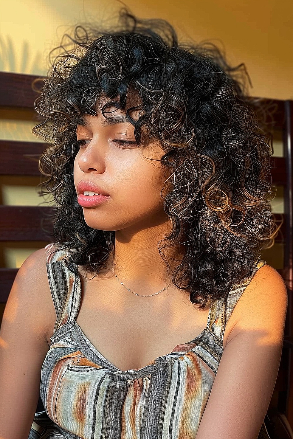 Woman with a tapered curly shag haircut featuring soft fringe and highlights