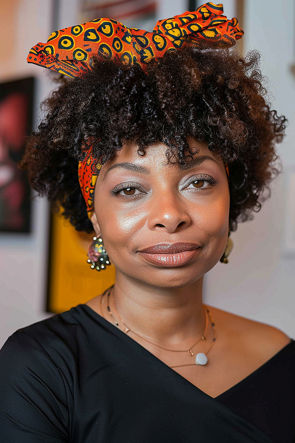 Woman with tapered natural curls and baby bangs