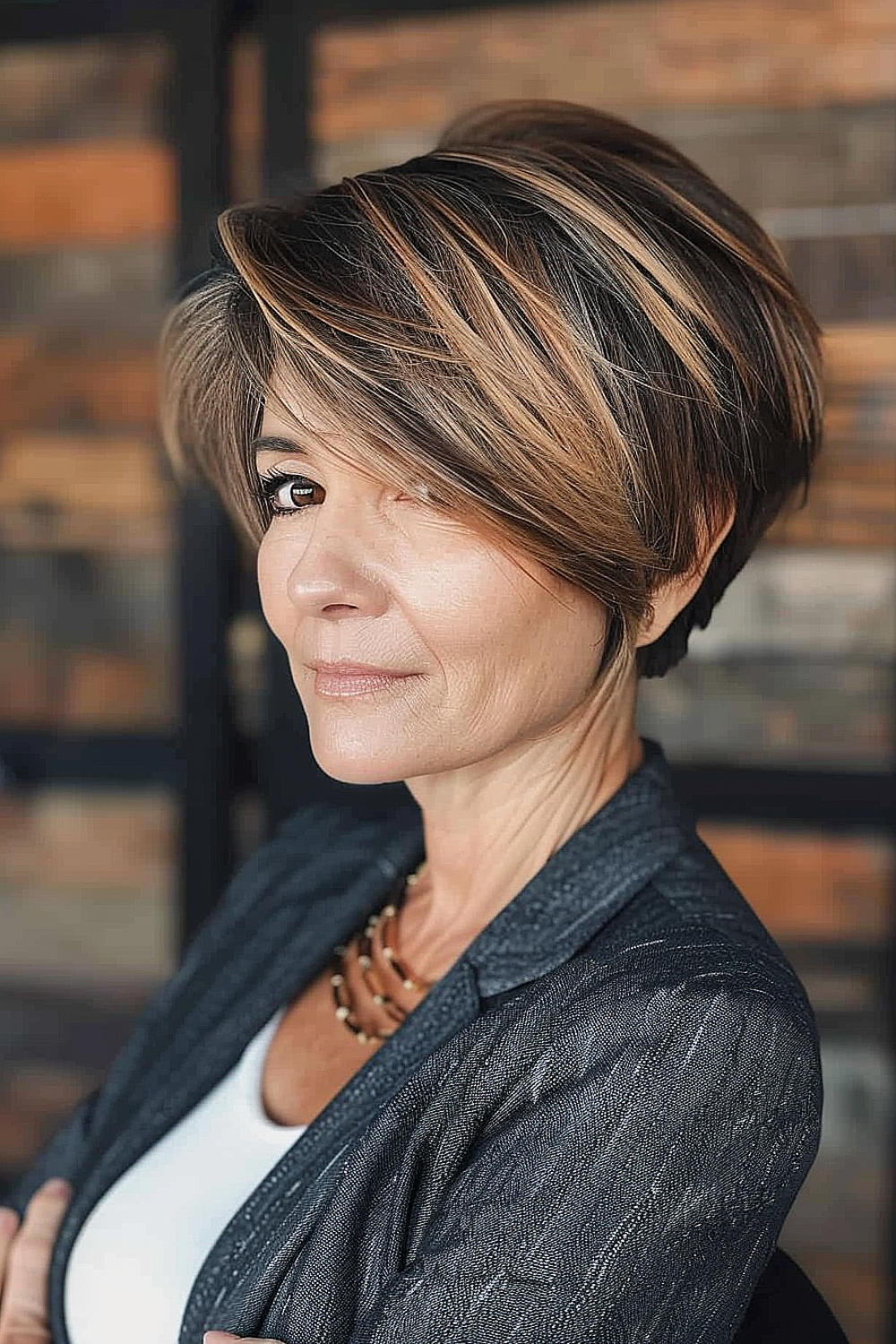 Older woman with a textured bixie haircut and honey highlights, showcasing a voluminous crown