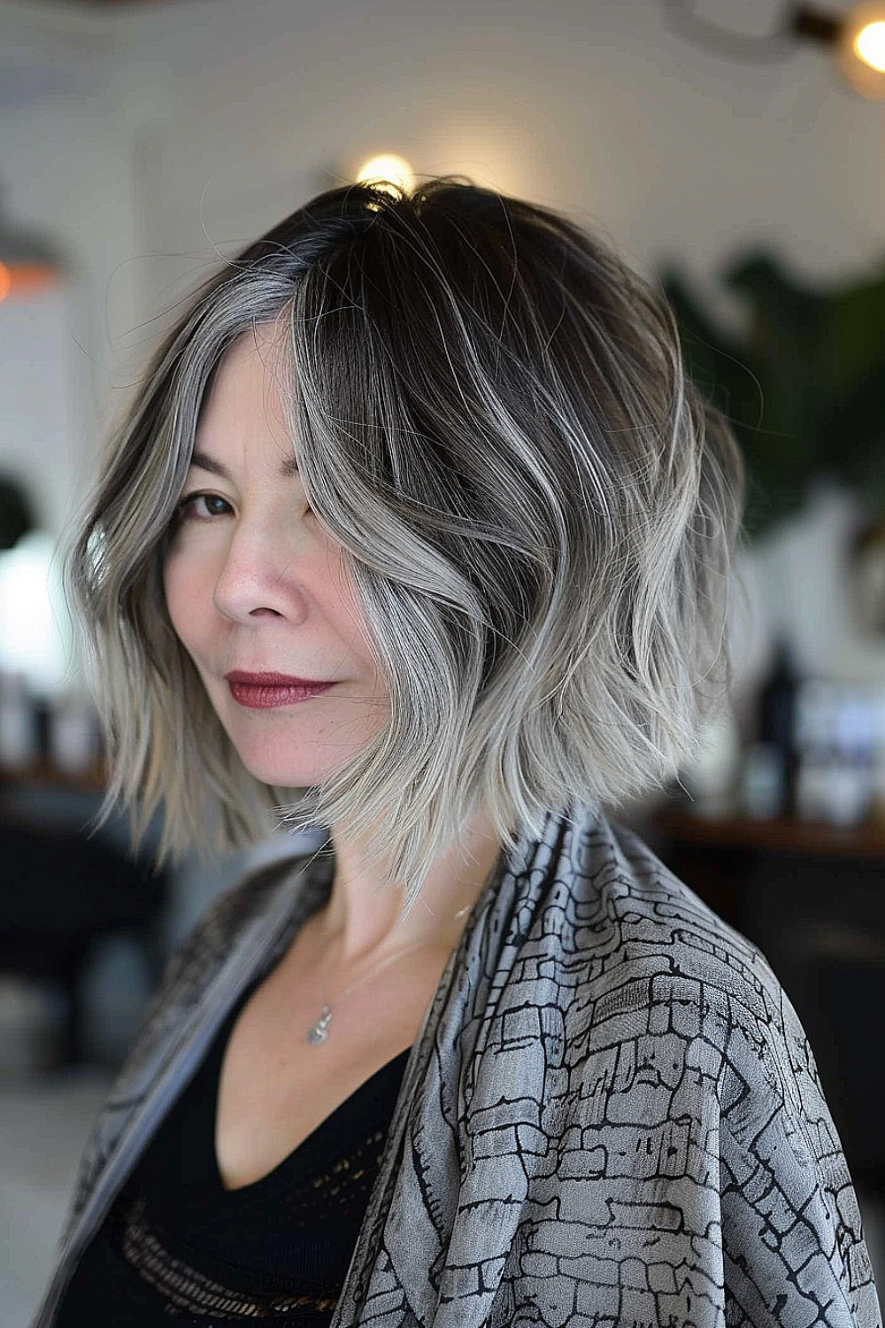 Textured blunt bob hairstyle with silver highlights