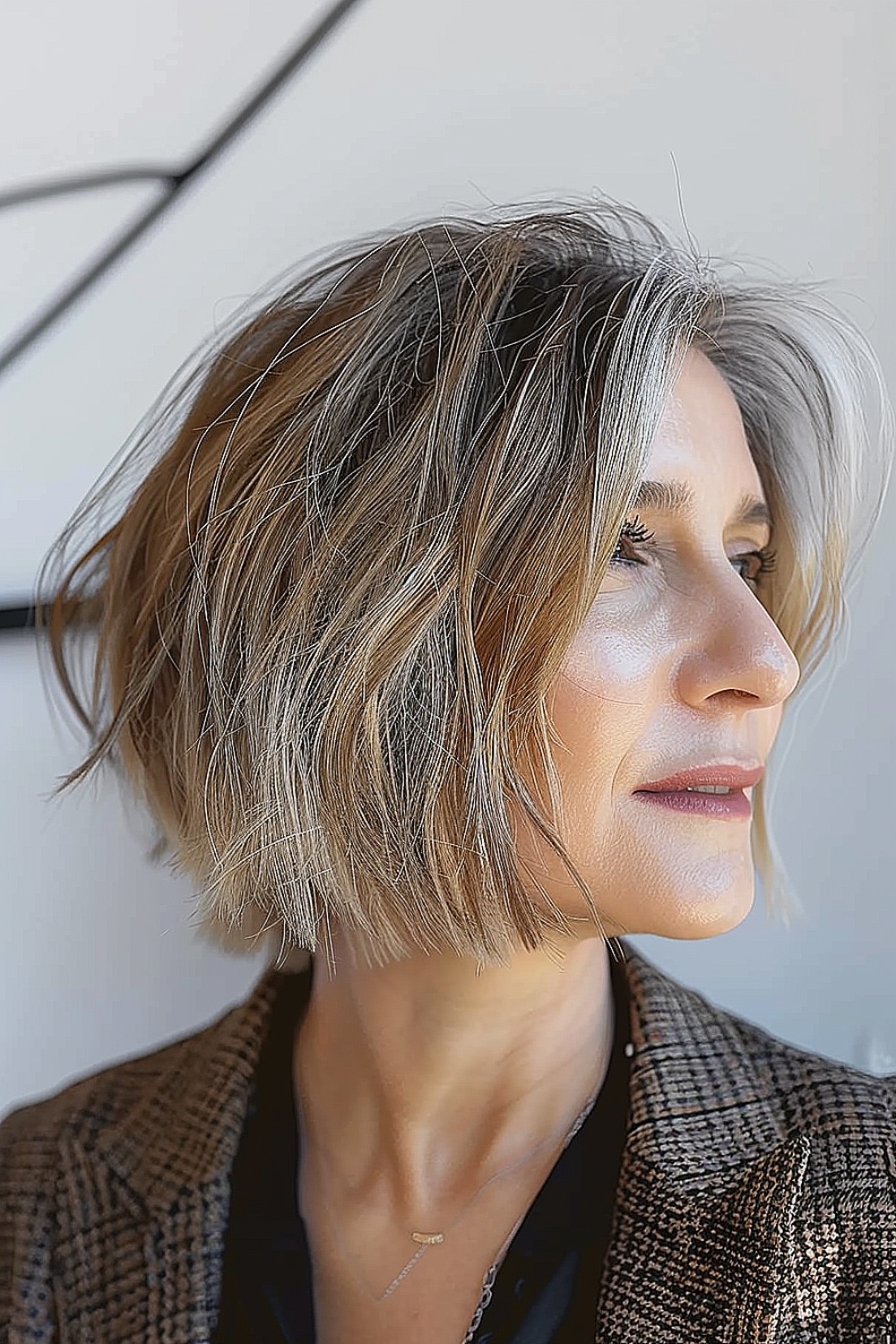 Textured bob with soft layers and natural gray highlights for women over 50