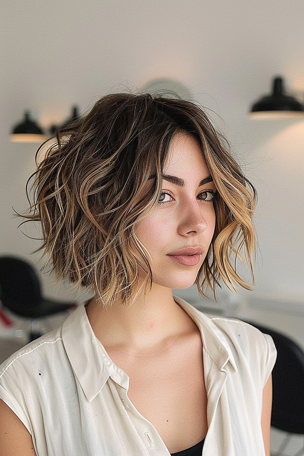 Woman with a textured bob haircut and balayage highlights