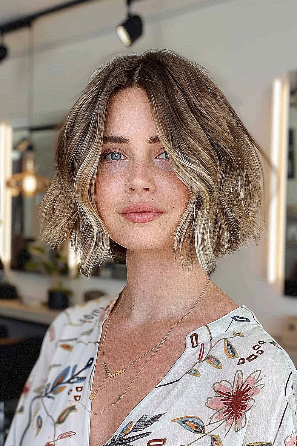 Woman with a textured bob, beach waves, and babylights