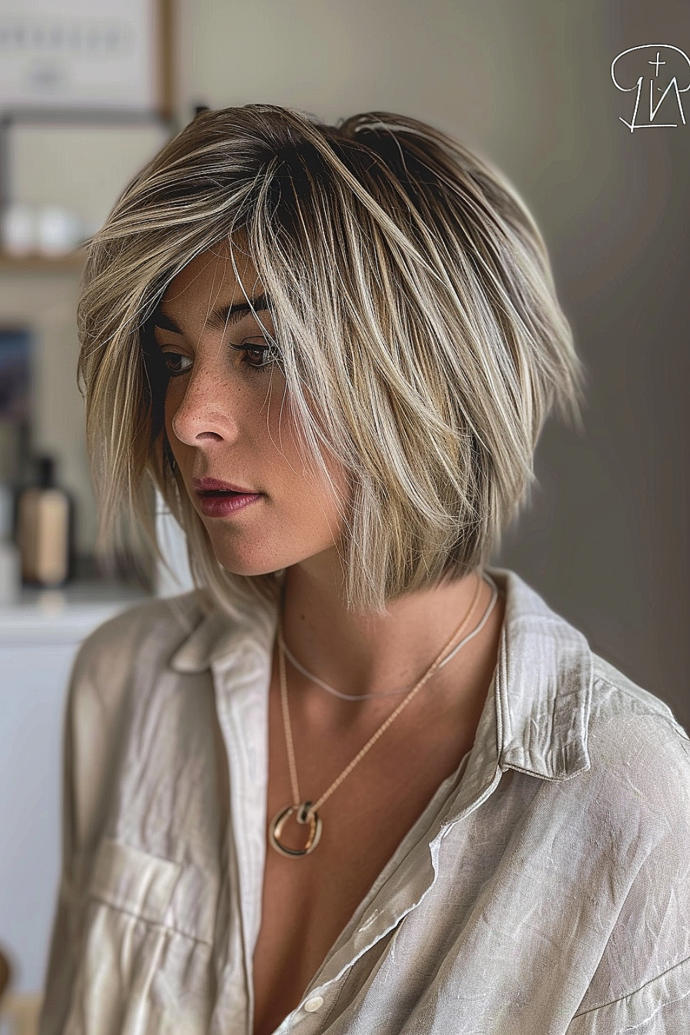 Textured bob with feathered edges and natural highlights