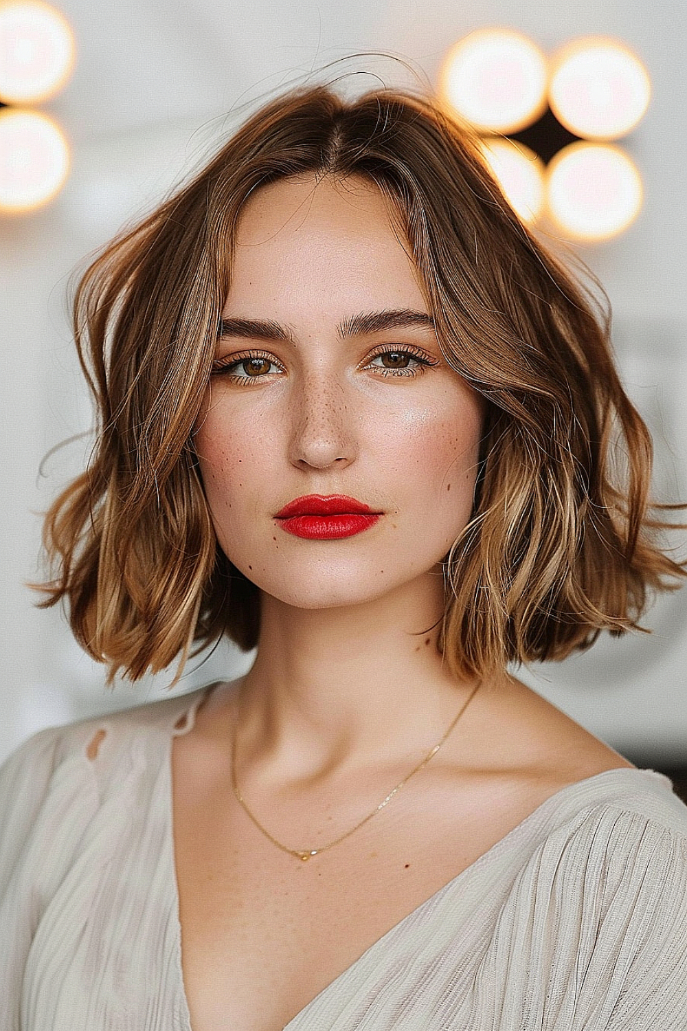 Woman with a textured bob haircut and honey highlights