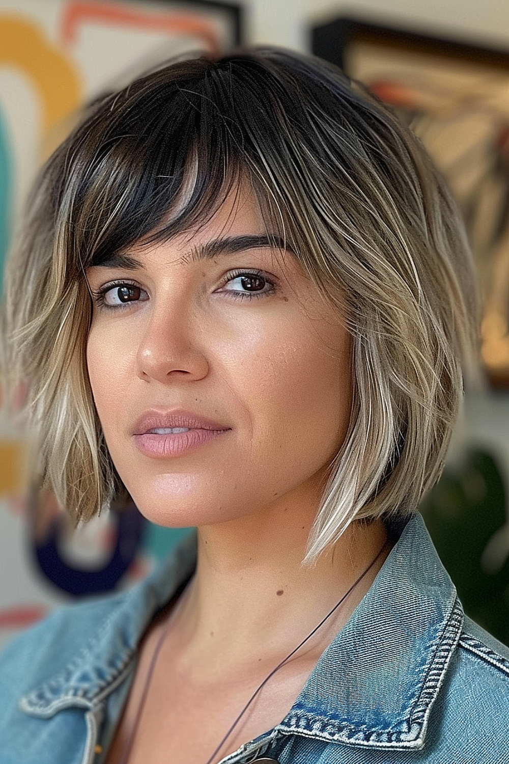 Woman with a textured bob and long side bangs, featuring balayage highlights