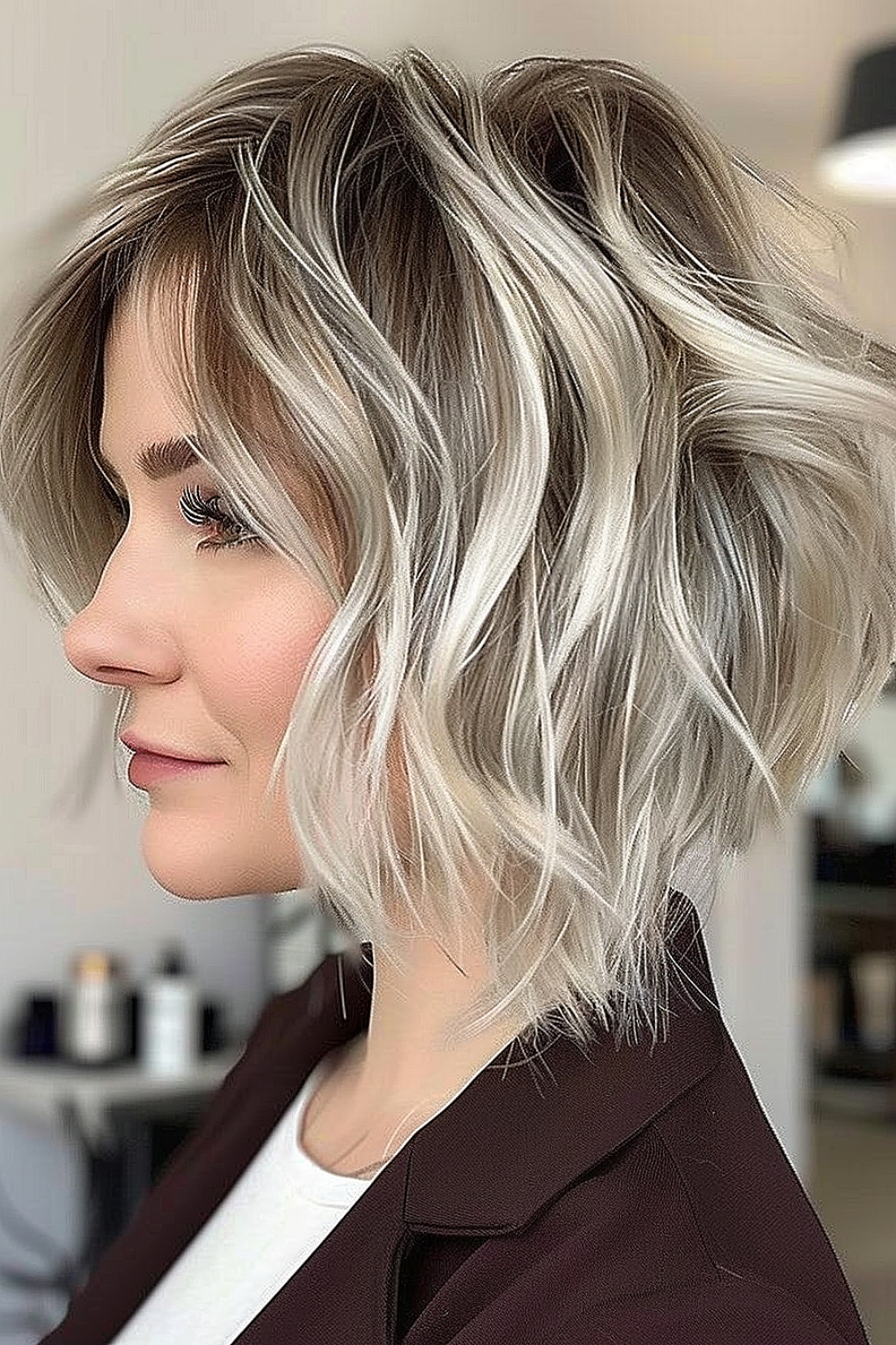 Woman with a tousled textured bob and honey highlights