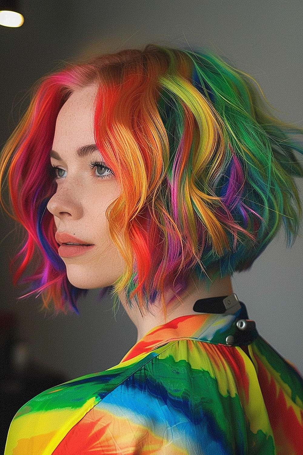 Woman with a textured bob and rainbow streaks