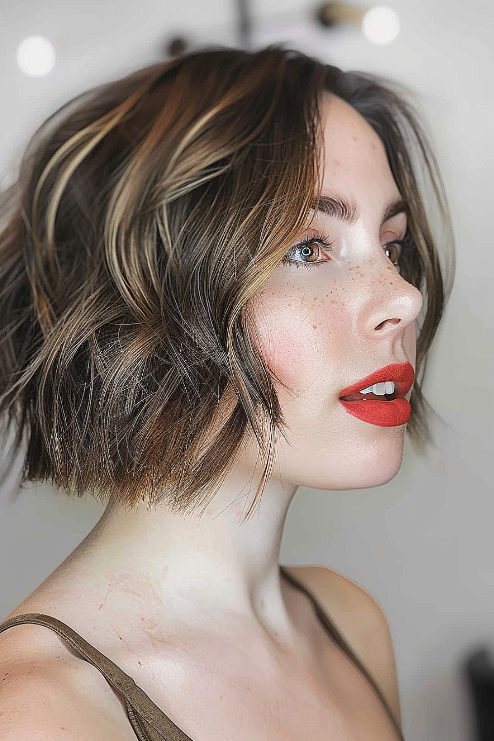 Textured bob with choppy layers and soft highlights