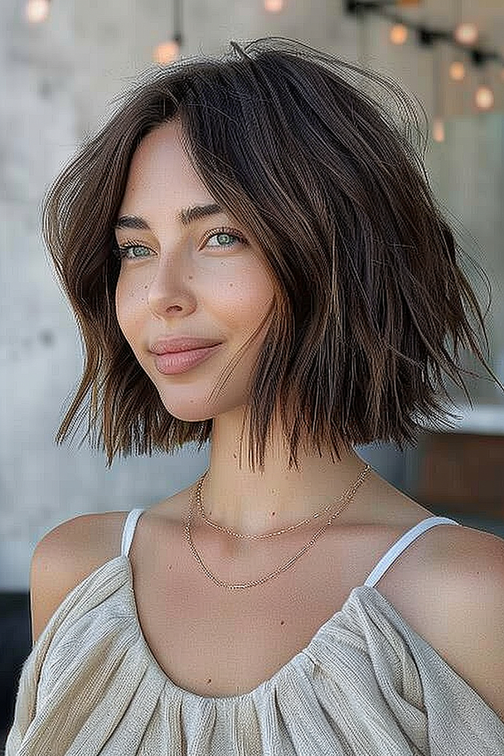 A woman with a rich brunette textured bob haircut with tousled layers