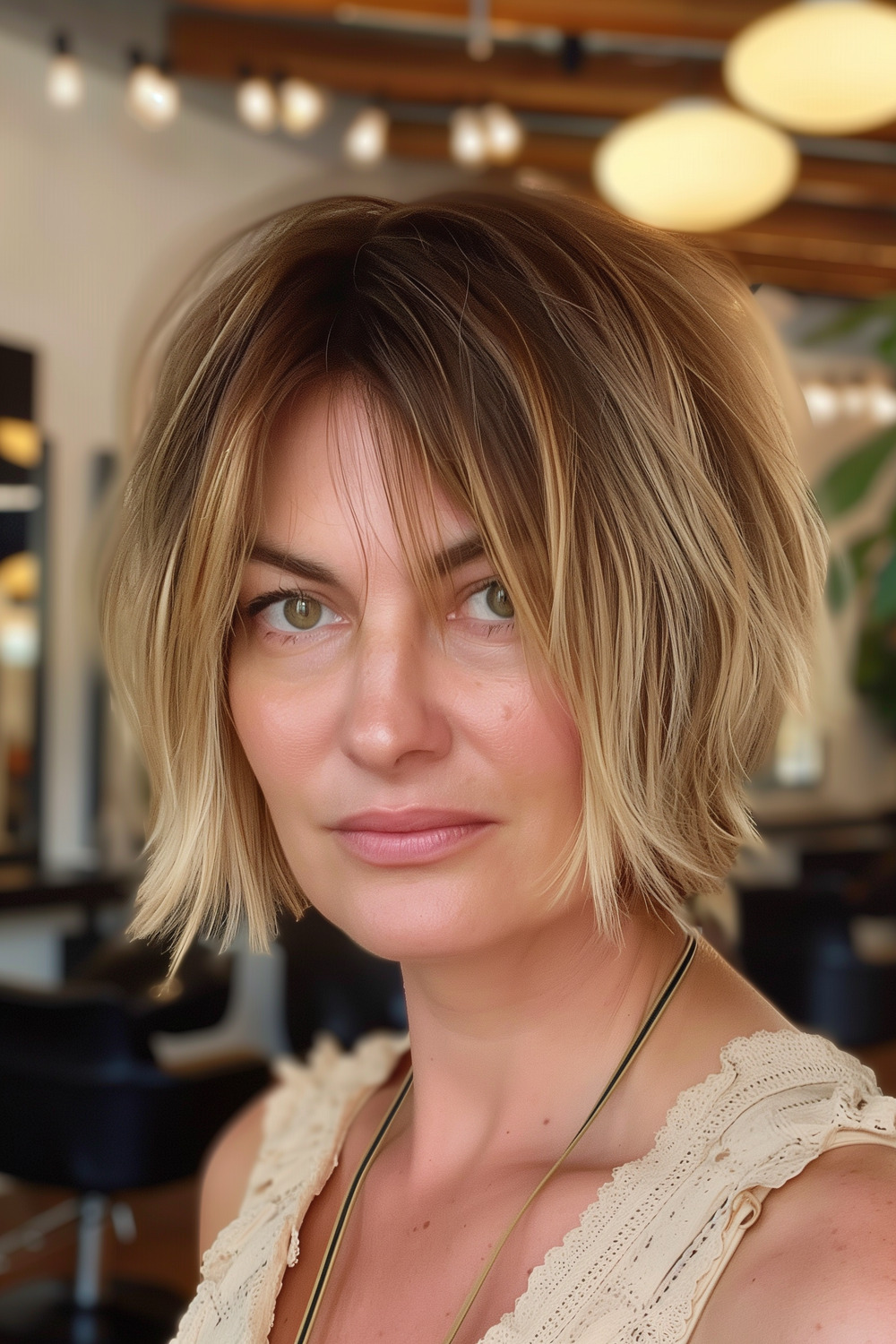 Textured chin-length bob with feathered ends