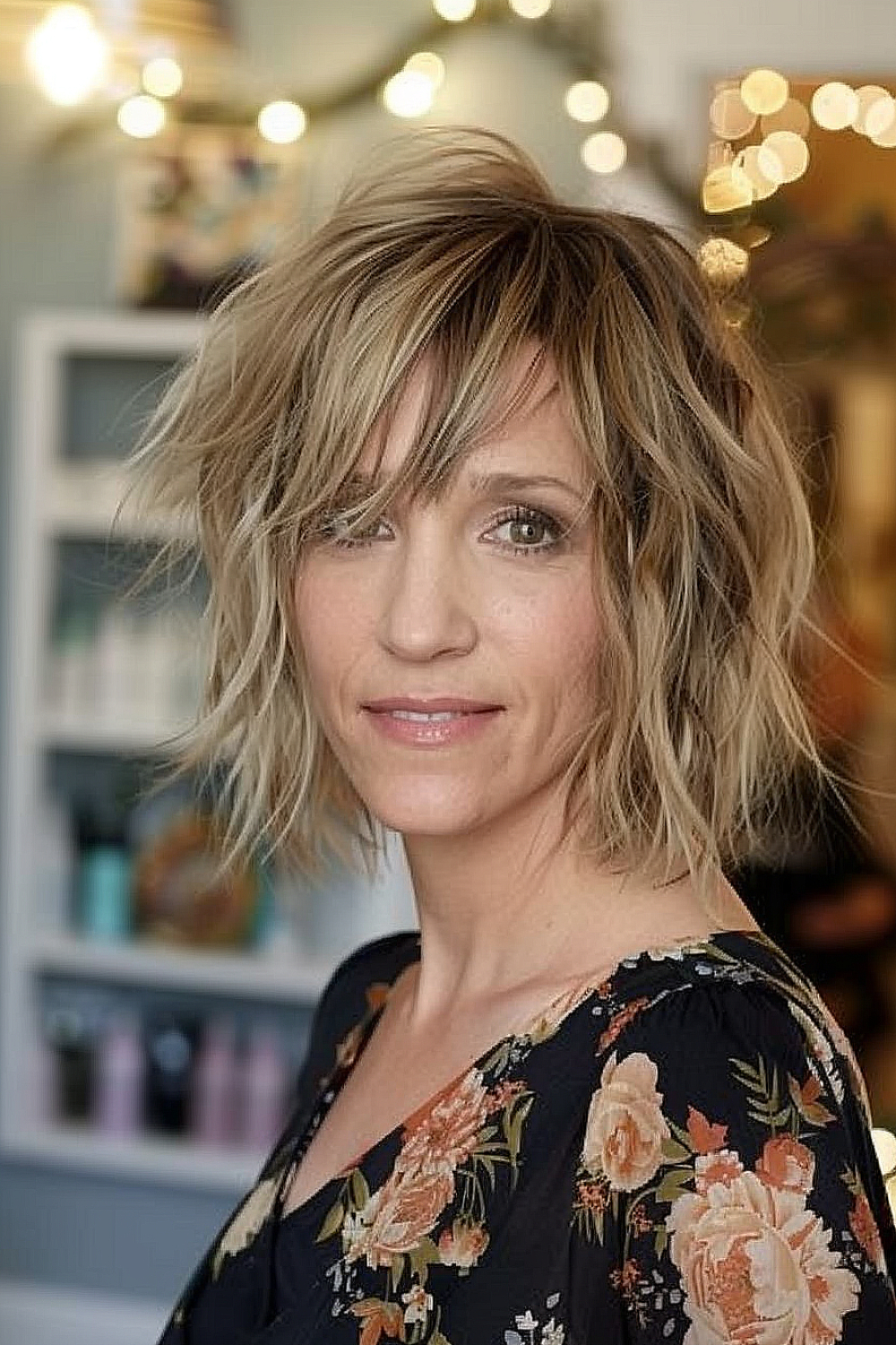 A woman with a textured choppy bob, featuring layers of honey and ash blonde tones