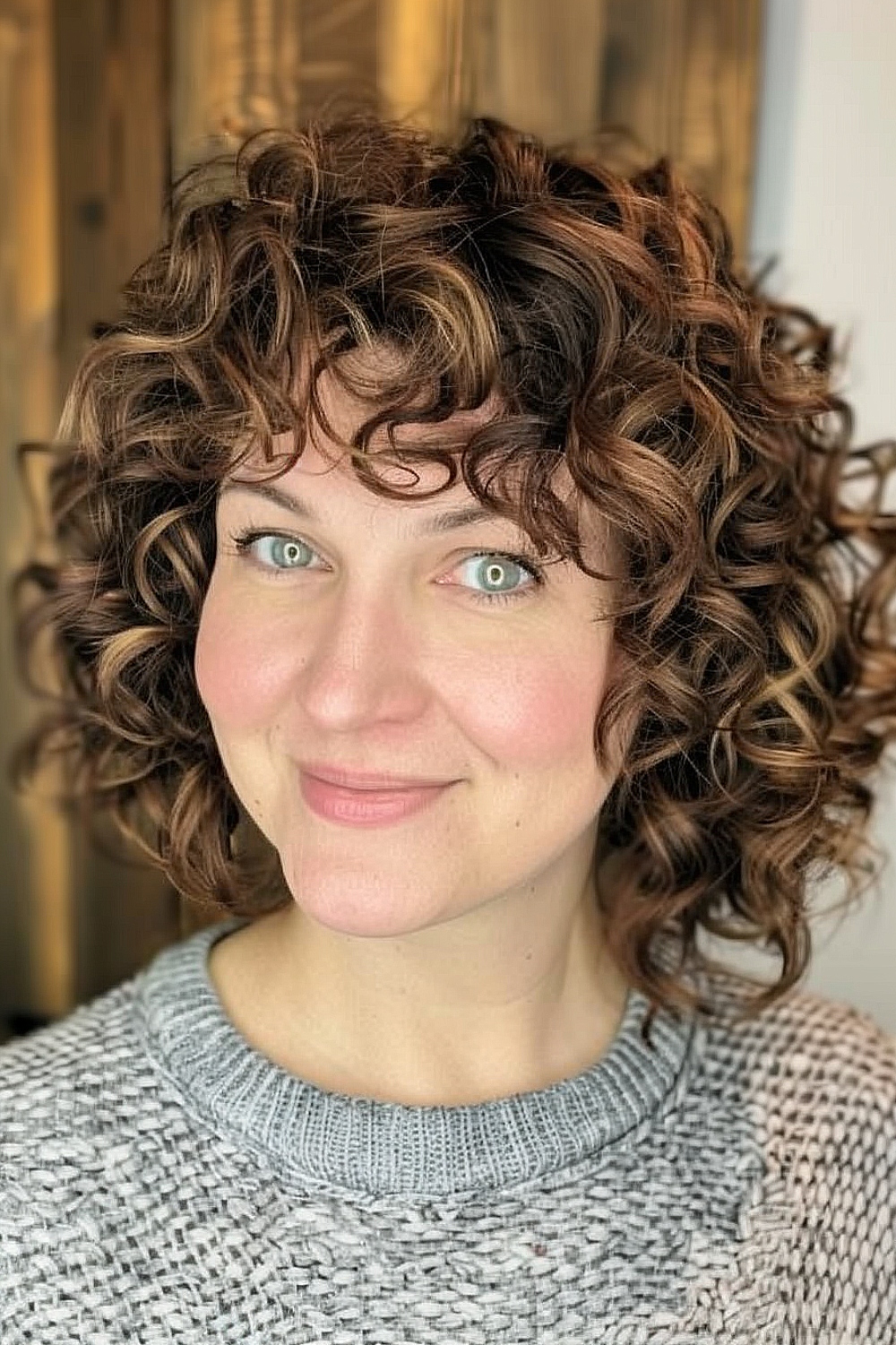 Woman with a textured curly bob hairstyle for thin hair